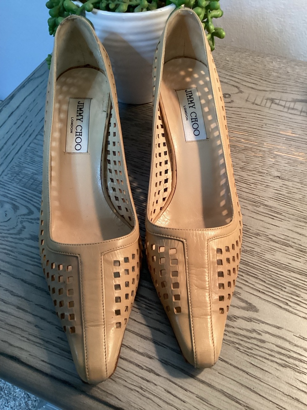 Jimmy Choo Beige Leather Cutout Kitten Pumps